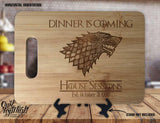 Dinner Is Coming House Stark - Personalized Name & Date - Kitchen Housewarming Wedding Gift - Custom Engraved Bamboo Display Cutting Board - OwlTopThat