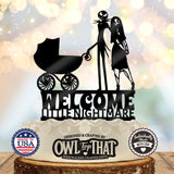 Black Jack and Sally gothic baby shower cake topper beside a vintage-style baby carriage above the words Welcome Little Nightmare.