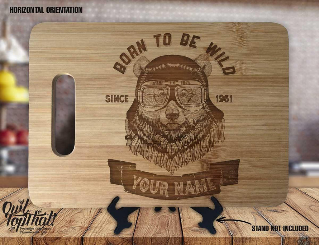 Biker Bear Born to be Wild Personalized Name and Date Custom Engraved Kitchen Decor Housewarming Display Sign Bamboo Cutting Board Gift - OwlTopThat