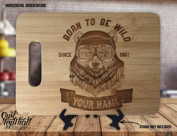 Biker Bear Born to be Wild Personalized Name and Date Custom Engraved Kitchen Decor Housewarming Display Sign Bamboo Cutting Board Gift - OwlTopThat