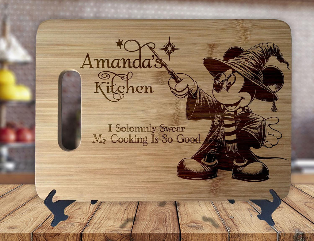 Wizarding Magical Mickey  - Personalized Name & Date - Kitchen Housewarming Wedding Gift Sign - Custom Engraved Bamboo Display Cutting Board - OwlTopThat
