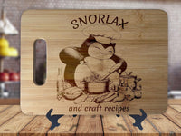 Snorlax and Craft Recipes - Kitchen Housewarming Wedding Gamer Gift - Custom Engraved Bamboo Display Cutting Board - OwlTopThat