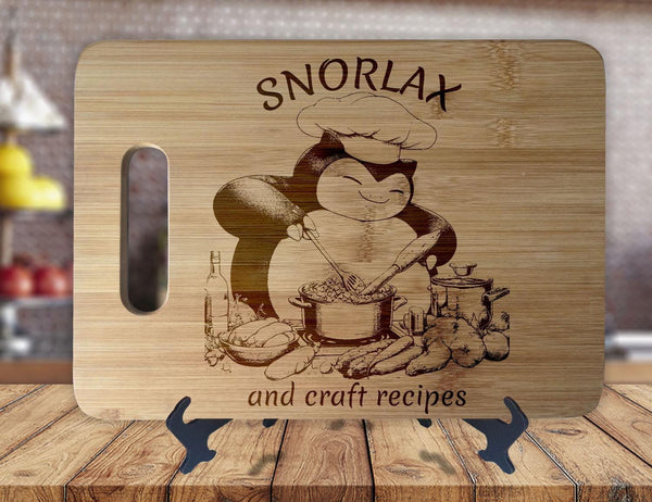 Snorlax and Craft Recipes  - Kitchen Housewarming Wedding Gamer Gift - Custom Engraved Bamboo Display Cutting Board - OwlTopThat