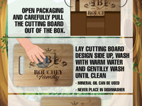 a wooden cutting board with instructions on how to cut it