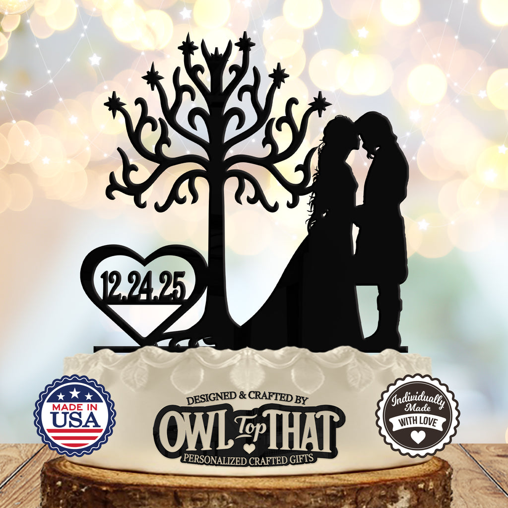 Arwen and Aragorn Heart - Tree of Gondor LOTR - Personalized Date - Fantasy Themed - Custom Wedding Cake Topper - OwlTopThat