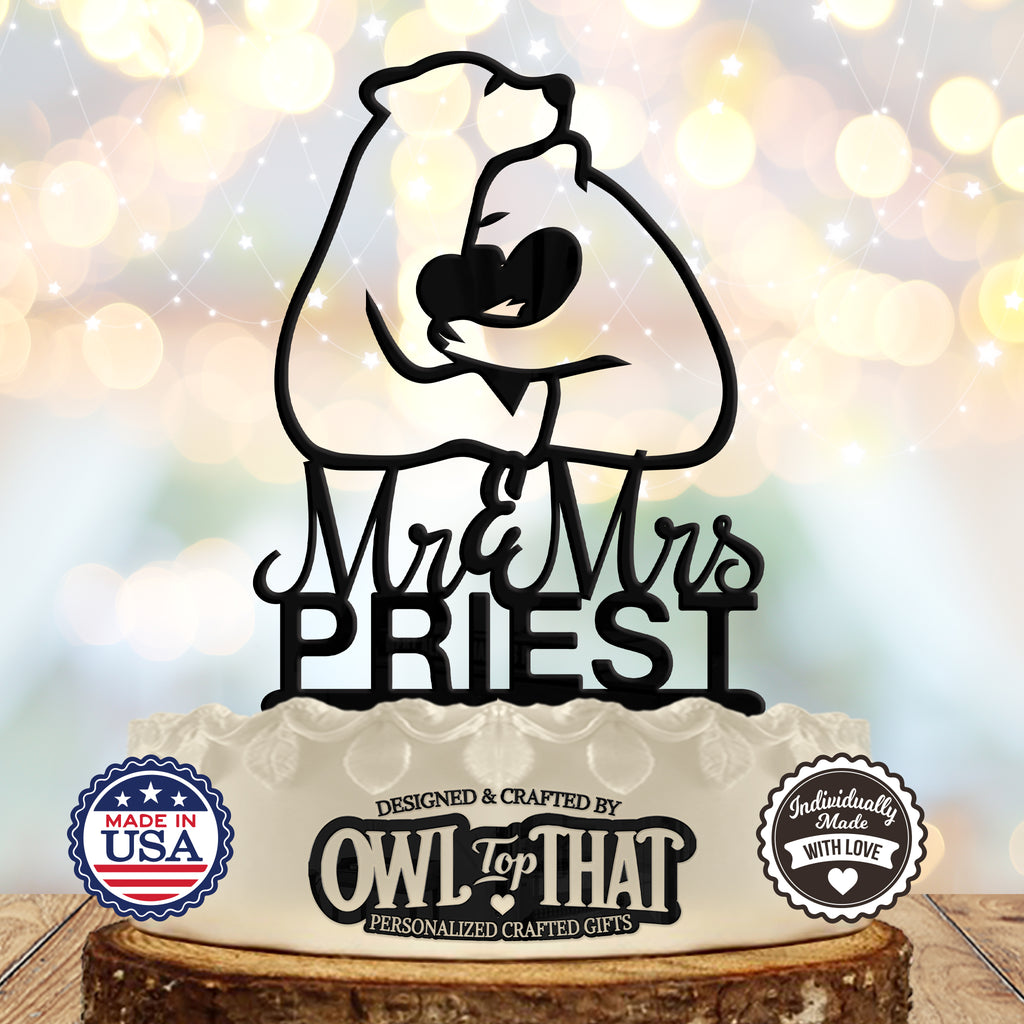 Polar Bears Winter Wildlife Custom Wedding Cake Topper - Bears Outline Holding Heart - Personalized Name - Animal Themed - OwlTopThat