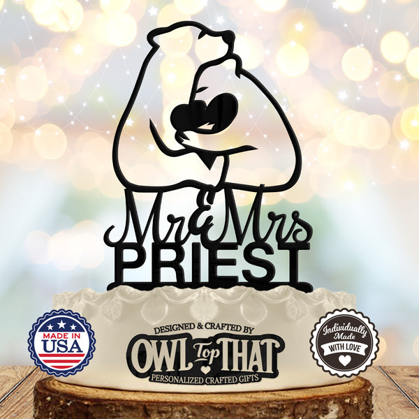 Polar Bears Winter Wildlife Custom Wedding Cake Topper - Bears Outline Holding Heart - Personalized Name - Animal Themed - OwlTopThat