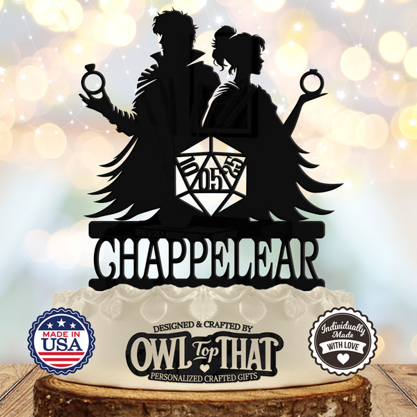 Dungeons & Dragons Couple D20 Dice Custom Wedding Cake Topper - DnD Couple with Dice - Personalized Name & Date - Gamer Themed - OwlTopThat