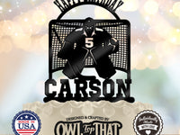 Black hockey goalie birthday cake topper with a goalie in front of a net, Happy Birthday arch, number 5 on the jersey, and personalized name CARSON.