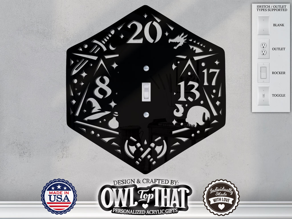 Dungeons and Dragons D20 Dice Light Switch Plate Cover - Custom Acrylic Wall Decor - Toggle Rocker Outlet - OwlTopThat