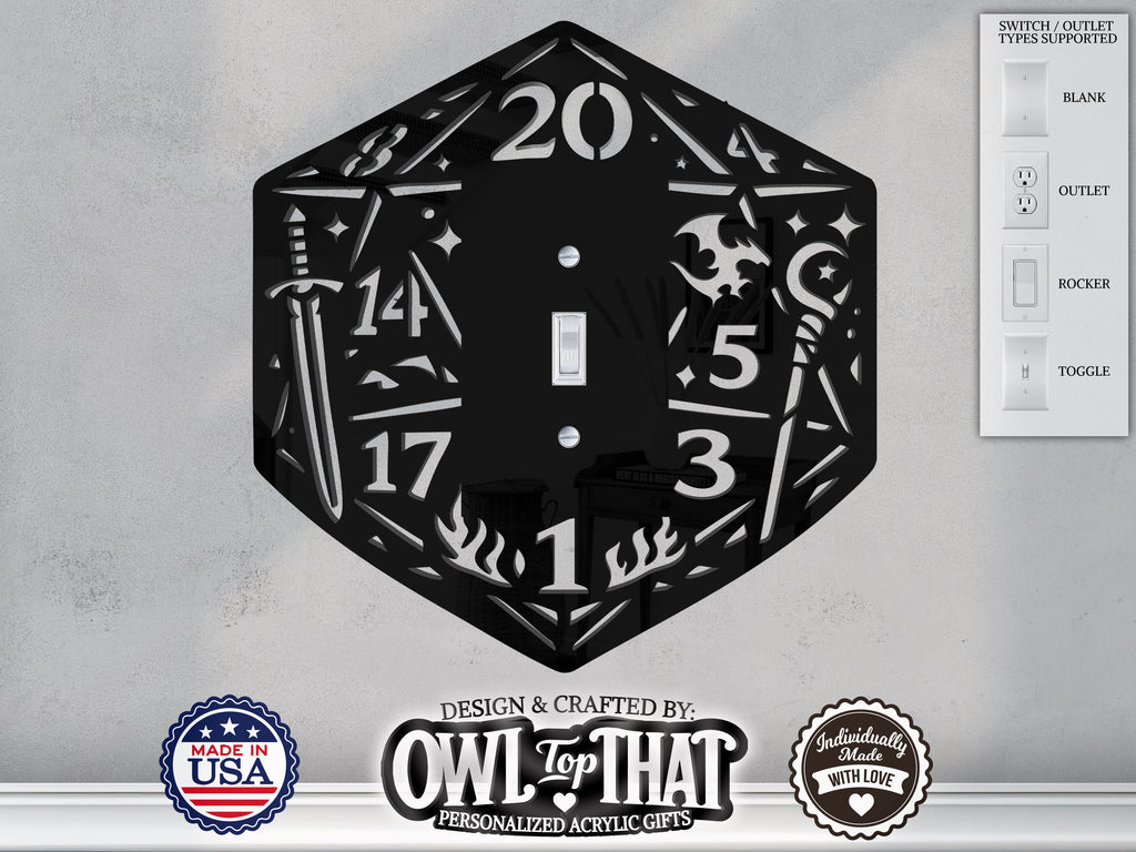 Dungeons and Dragons D20 Dice Light Switch Plate Cover - Custom Acrylic Wall Decor - Toggle Rocker Outlet - OwlTopThat