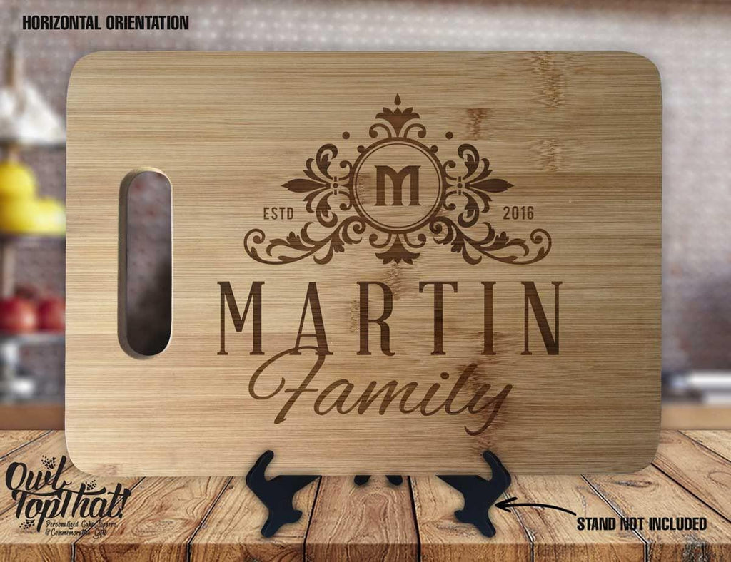 Monogram Floral Elegant Last Name Date Personalized Custom Engraved Anniversary Decor Housewarming Wedding Gift Display Cutting Board - OwlTopThat