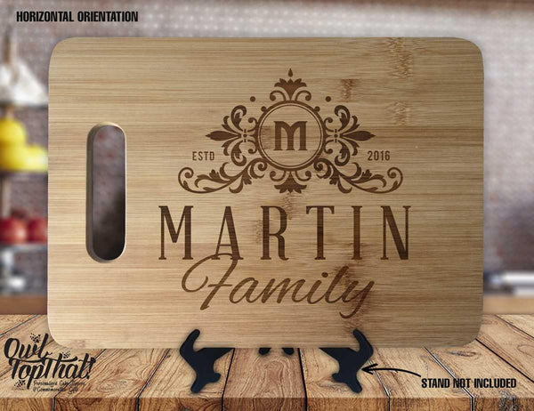 Monogram Floral Elegant Last Name Date Personalized Custom Engraved Anniversary Decor Housewarming Wedding Gift Display Cutting Board - OwlTopThat