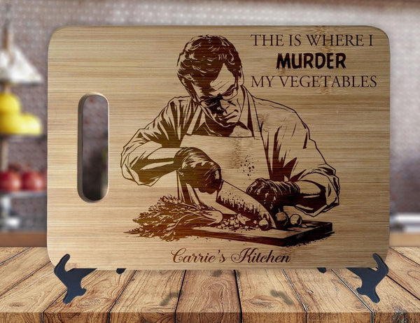 Serial Killer Funny - Personalized Name - Kitchen Housewarming Wedding Gift Sign - Custom Engraved Bamboo Display Cutting Board - OwlTopThat