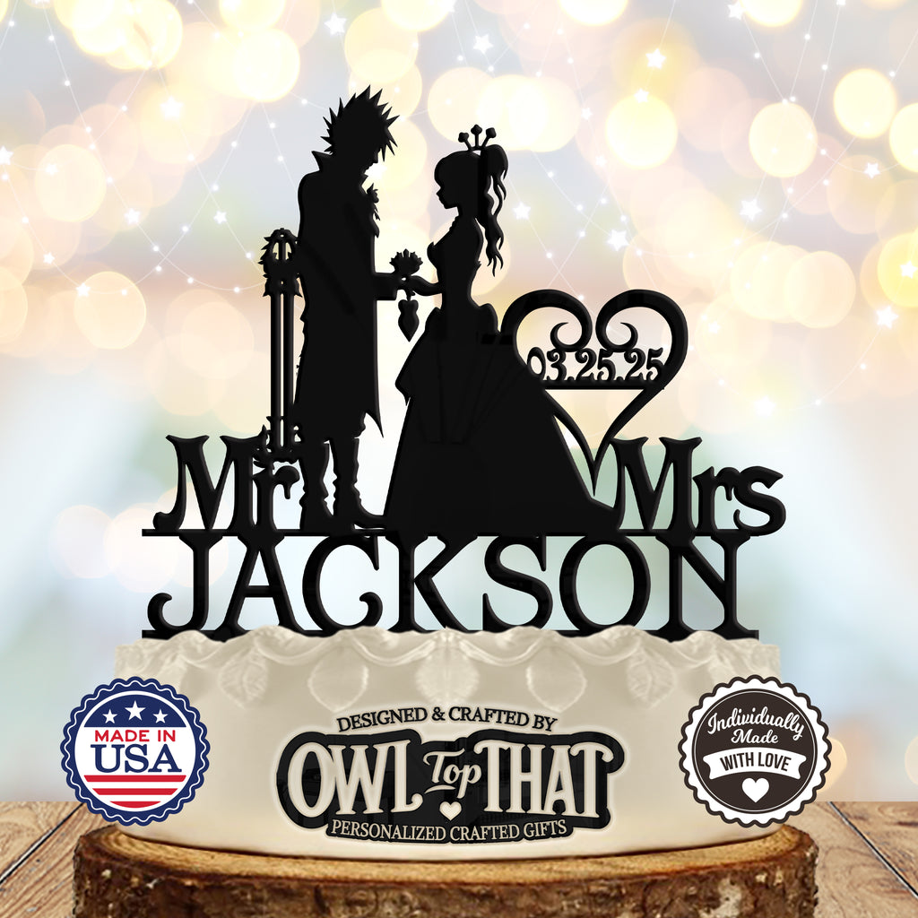 Anime Couple Custom Wedding Cake Topper - Anime Gamer Couple - Personalized Mr & Mrs Name & Date - Gamer Themed - OwlTopThat