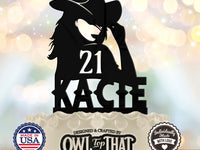 Cowgirl Custom Birthday Cake Topper - Outlaw Hat Tipping - Personalized Name & Age - Western Themed - OwlTopThat