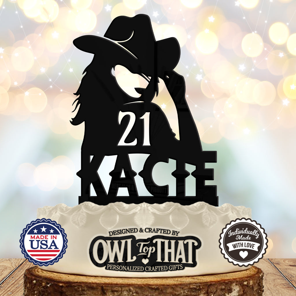Cowgirl Custom Birthday Cake Topper - Outlaw Hat Tipping - Personalized Name & Age - Western Themed - OwlTopThat