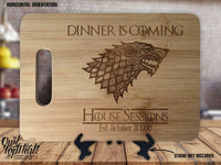 Dinner Is Coming House Stark - Personalized Name & Date - Kitchen Housewarming Wedding Gift - Custom Engraved Bamboo Display Cutting Board - OwlTopThat