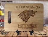 Dinner Is Coming House Stark - Personalized Name & Date - Kitchen Housewarming Wedding Gift - Custom Engraved Bamboo Display Cutting Board - OwlTopThat