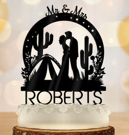 Camping Wedding Cake Topper Outdoors Bride and Groom - OwlTopThat