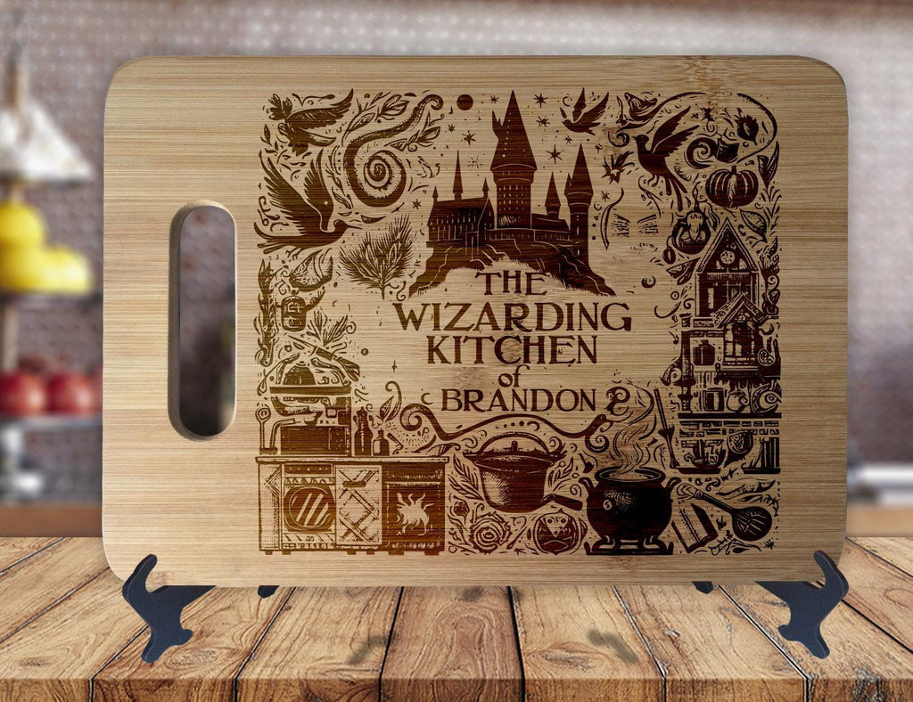Wizarding Kitchen  - Personalized Name - Kitchen Housewarming Wedding Gift Sign - Custom Engraved Bamboo Display Cutting Board - OwlTopThat
