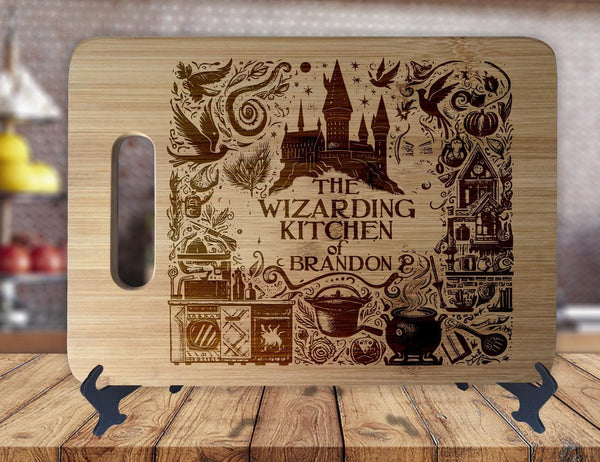 Wizarding Kitchen  - Personalized Name - Kitchen Housewarming Wedding Gift Sign - Custom Engraved Bamboo Display Cutting Board - OwlTopThat