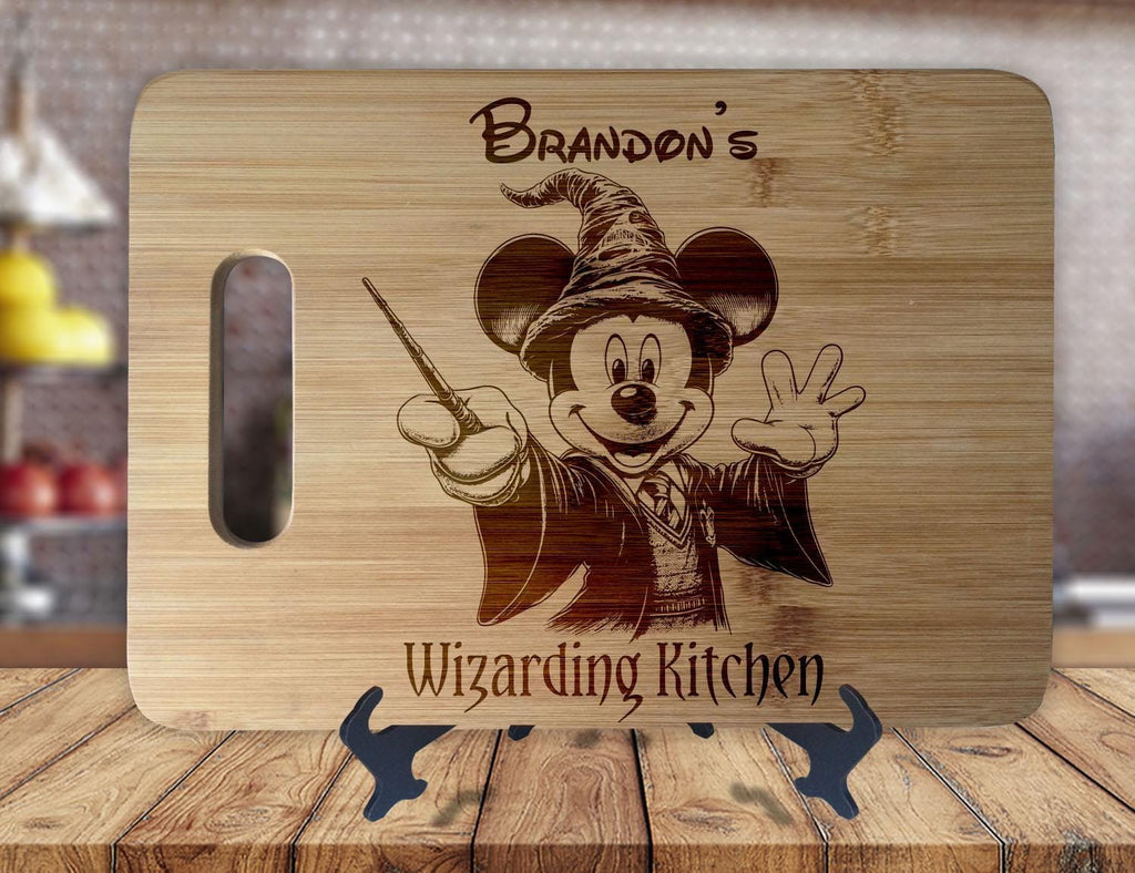 Mickey Magical Wizard  - Personalized Name - Kitchen Housewarming Wedding Gift Sign - Custom Engraved Bamboo Display Cutting Board - OwlTopThat