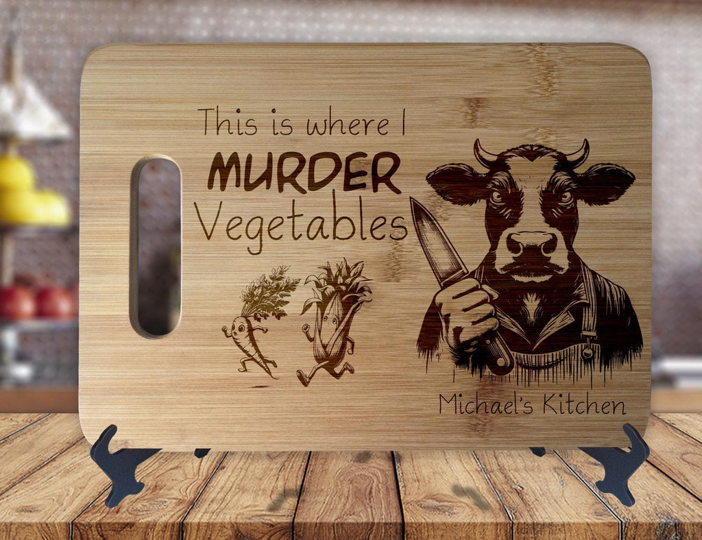 Vegan Cow This is Where I Murder My Vegetables - Kitchen Housewarming Wedding Gamer Gift - Custom Engraved Bamboo Display Cutting Board - OwlTopThat