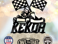 Black personalized name birthday cake topper featuring a helmeted go-kart driver beneath two checkered racing flags.