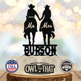 Horse Riding Couple Wedding Cake Topper – Cowboy and Cowgirl Riding Couple – Custom Mr & Mrs Personalized Name – Western Themed - OwlTopThat
