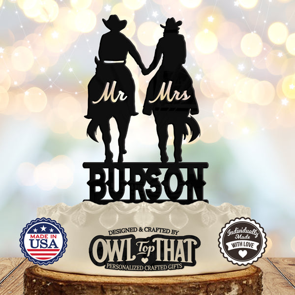 Horse Riding Couple Wedding Cake Topper – Cowboy and Cowgirl Riding Couple – Custom Mr & Mrs Personalized Name – Western Themed - OwlTopThat