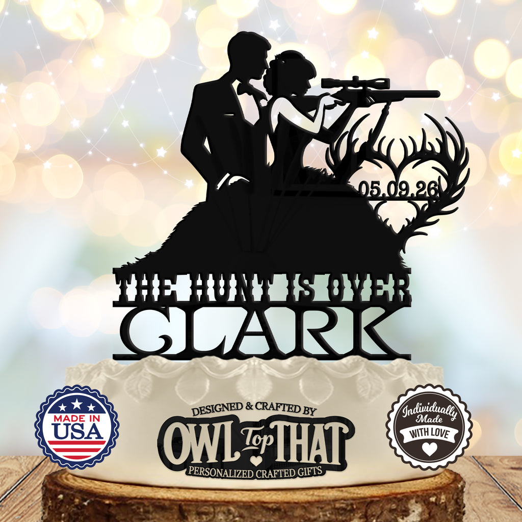 Hunting Couple Custom Wedding Cake Topper - Outdoor Adventure Themed - Personalized Name & Date - Hunting and Camping Couple Cake Topper - OwlTopThat