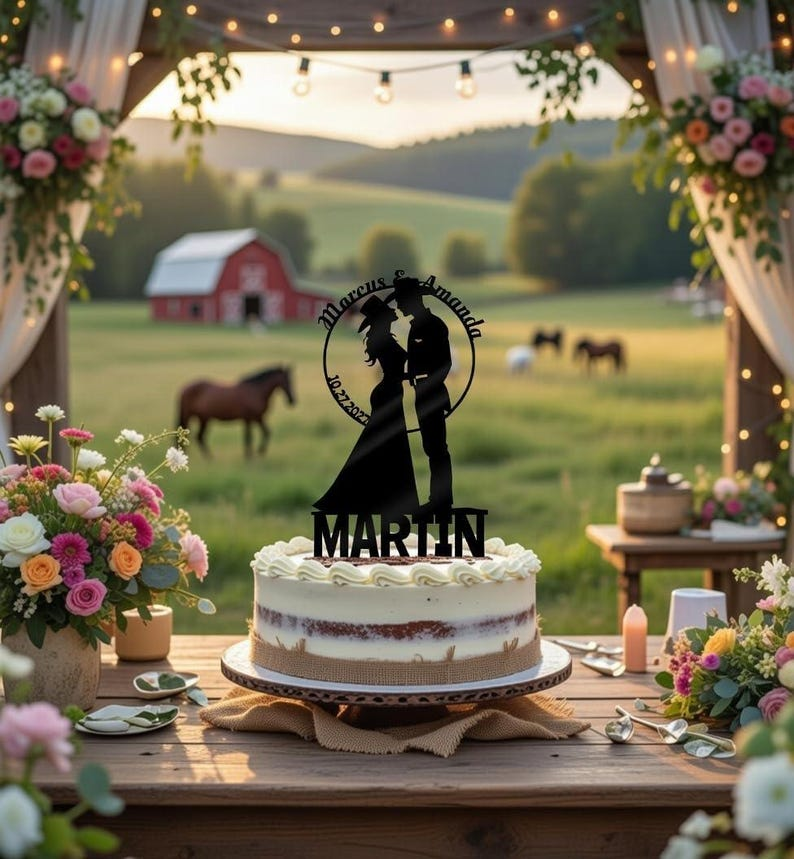 Country Western Wedding Cake Topper with Children Rustic Farm Barn Weddings - OwlTopThat