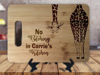 Giraffe No Bitching in my Kitchen  - Personalized Name - Kitchen Housewarming Wedding Gift - Custom Engraved Bamboo Display Cutting Board - OwlTopThat