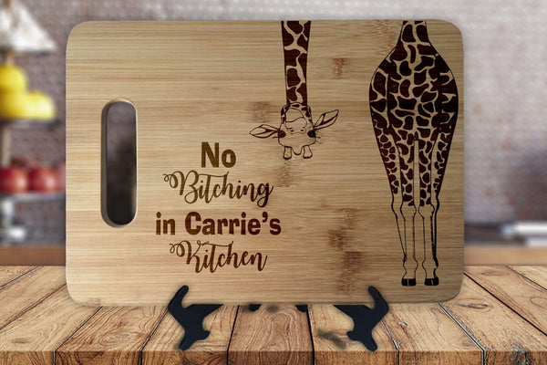 Giraffe No Bitching in my Kitchen  - Personalized Name - Kitchen Housewarming Wedding Gift - Custom Engraved Bamboo Display Cutting Board - OwlTopThat