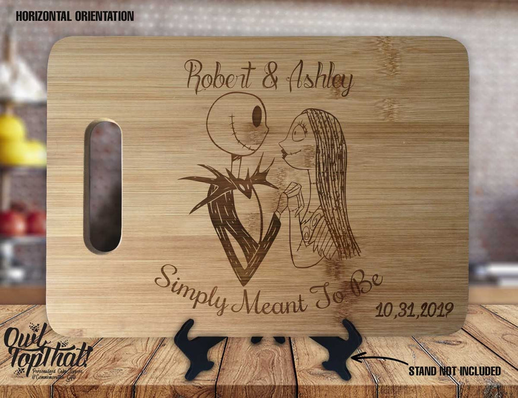 Jack and Sally Simply Meant To Be  - Personalized Names & Date - Kitchen Wedding Gift Sign - Custom Engraved Bamboo Display Cutting Board - OwlTopThat
