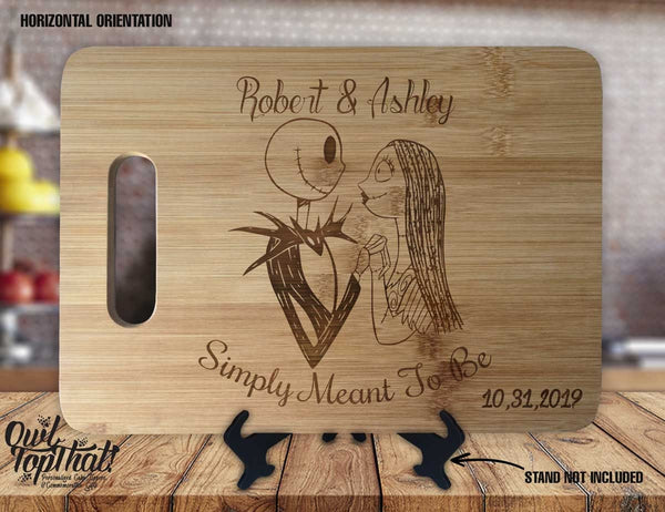 Jack and Sally Simply Meant To Be  - Personalized Names & Date - Kitchen Wedding Gift Sign - Custom Engraved Bamboo Display Cutting Board - OwlTopThat