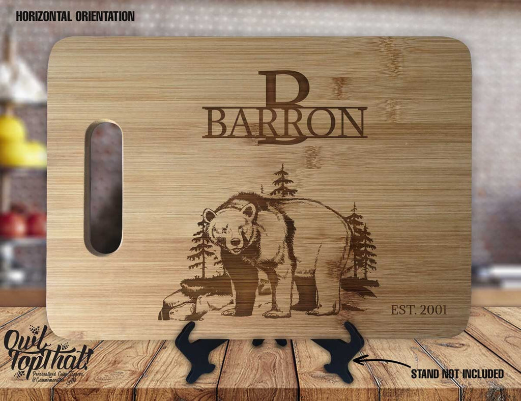Bear Standing Monogram  - Personalized Name & Date - Kitchen Housewarming Wedding Gift Sign - Custom Engraved Bamboo Display Cutting Board - OwlTopThat