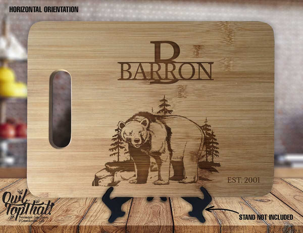 Bear Standing Monogram  - Personalized Name & Date - Kitchen Housewarming Wedding Gift Sign - Custom Engraved Bamboo Display Cutting Board - OwlTopThat