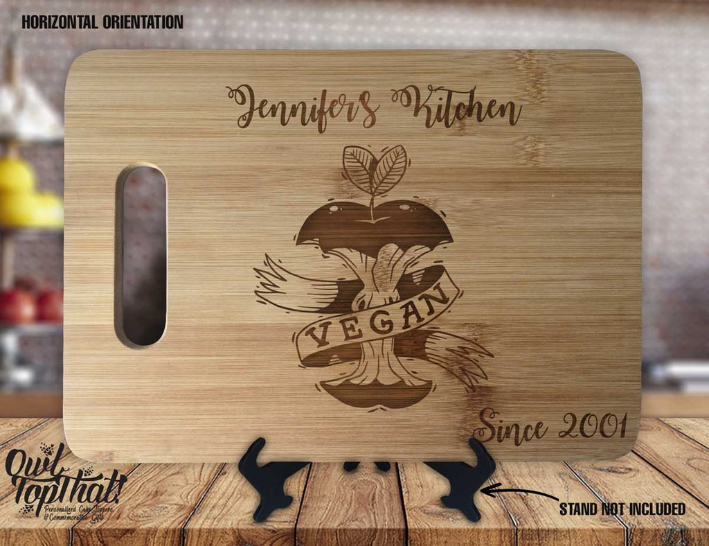 Vegan  - Personalized Name & Date - Kitchen Housewarming Wedding Gift Sign - Custom Engraved Bamboo Display Cutting Board - OwlTopThat