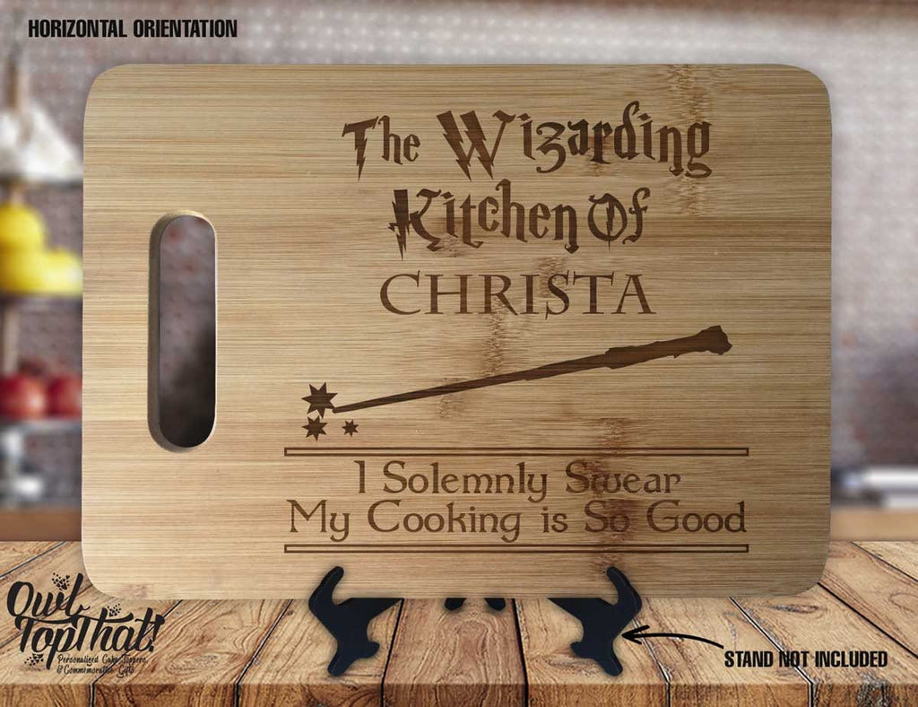 Wizarding Kitchen - Personalized Name & Date - Kitchen Housewarming Wedding Gift Sign - Custom Engraved Bamboo Display Cutting Board - OwlTopThat