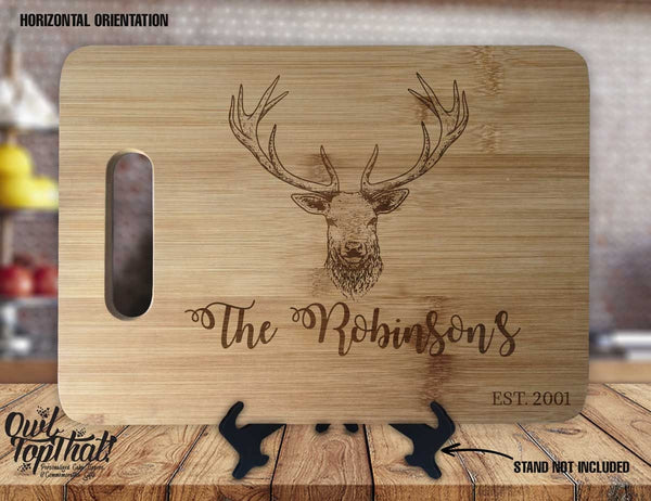 Deer Family Name - Personalized Name & Date - Kitchen Housewarming Wedding Gift Sign - Custom Engraved Bamboo Display Cutting Board - OwlTopThat