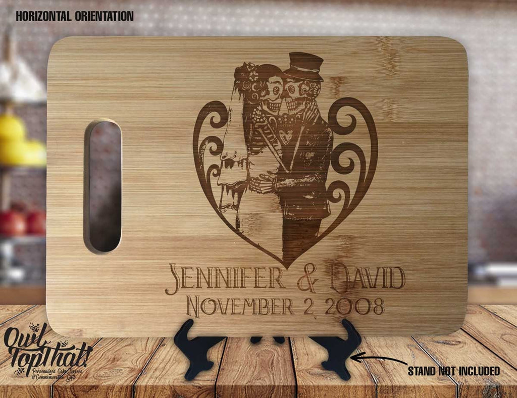 Gothic Day of the Dead - Personalized Name & Date - Kitchen Housewarming Wedding Gift Sign - Custom Engraved Bamboo Display Cutting Board - OwlTopThat