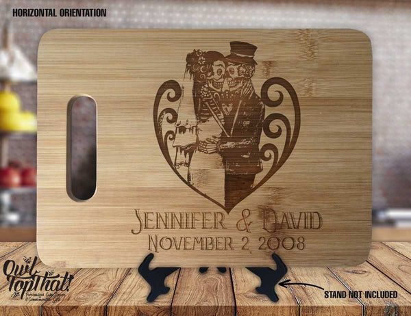 Gothic Day of the Dead - Personalized Name & Date - Kitchen Housewarming Wedding Gift Sign - Custom Engraved Bamboo Display Cutting Board - OwlTopThat