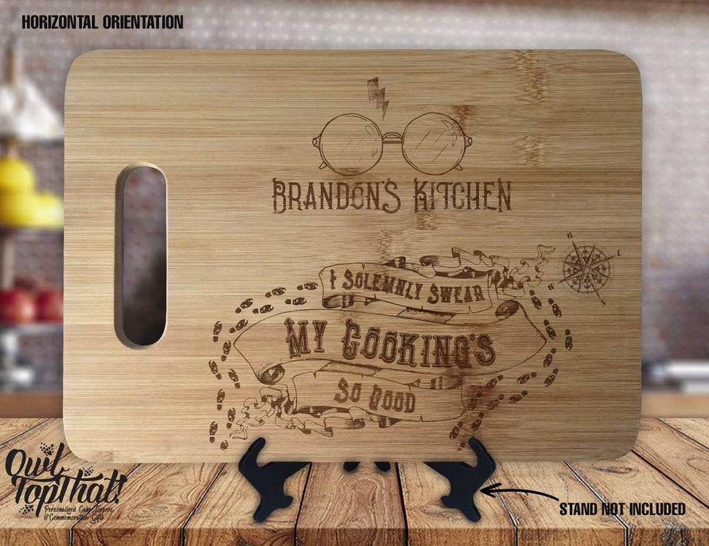 Wizard Name's Kitchen I Solemnly Swear My Cooking's So Good  - Personalized Name - Custom Engraved Bamboo Display Cutting Board - OwlTopThat