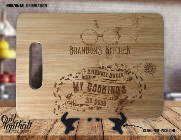 Wizard Name's Kitchen I Solemnly Swear My Cooking's So Good  - Personalized Name - Custom Engraved Bamboo Display Cutting Board - OwlTopThat