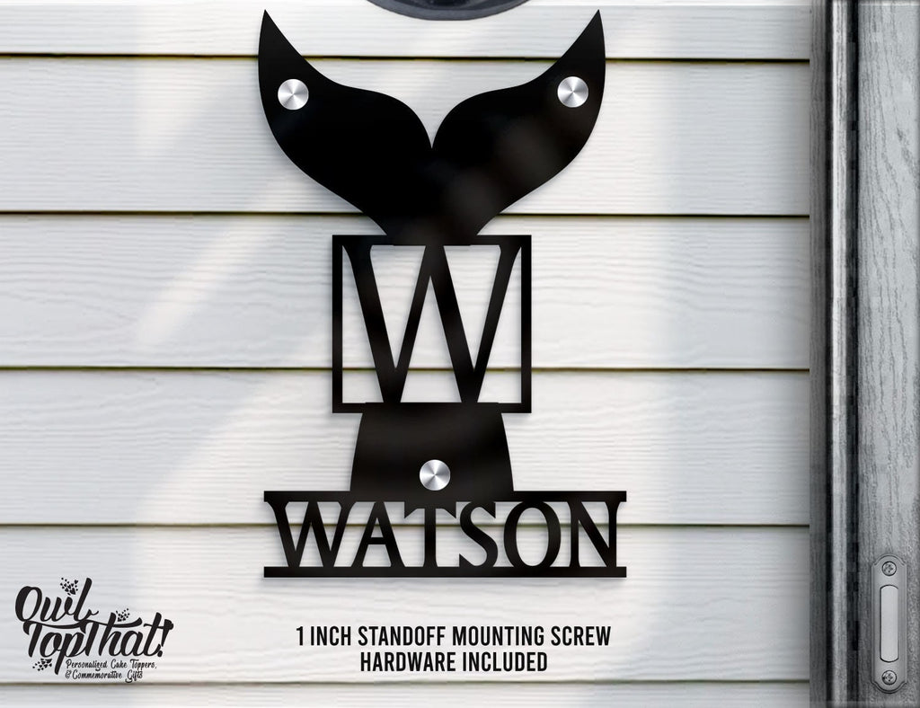 Nautical Whale Personalized Name Initial with House Numbers Outdoor Indoor Floating Acrylic Signage with 1 inch Standoff Mounting Screws - OwlTopThat