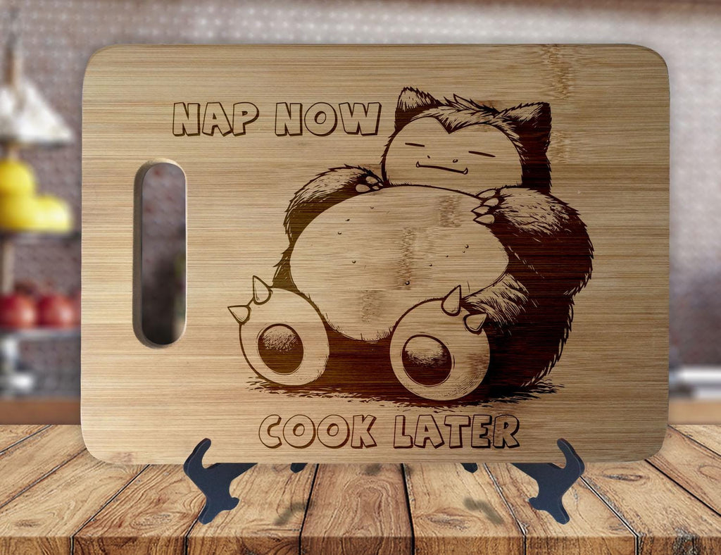 Snorlax and Nap Now - Kitchen Housewarming Wedding Gamer Gift - Custom Engraved Bamboo Display Cutting Board - OwlTopThat