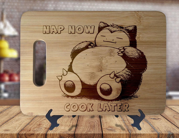 Snorlax and Nap Now - Kitchen Housewarming Wedding Gamer Gift - Custom Engraved Bamboo Display Cutting Board - OwlTopThat