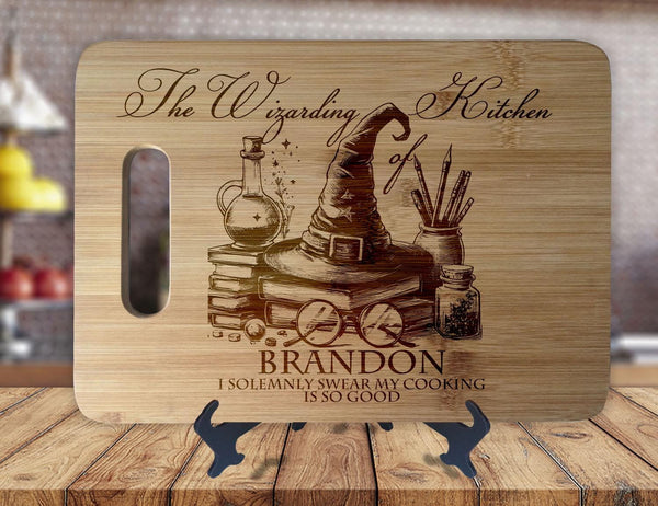 Wizarding Kitchen Magical - Personalized Name - Kitchen Housewarming Wedding Gift - Custom Engraved Bamboo Display Cutting Board - OwlTopThat